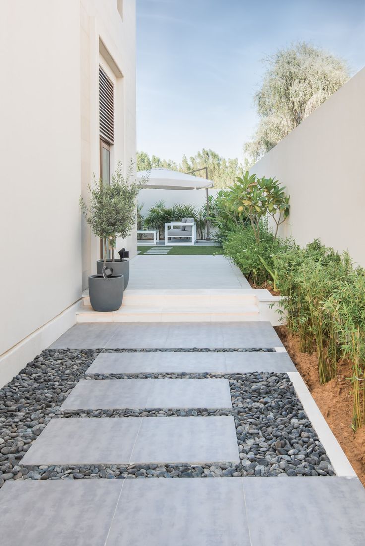 an outdoor walkway leading to a white house