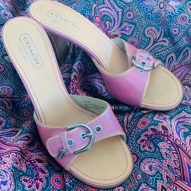 These Are Thee Most Adorable Comfortable Delicate Decadent Passion Pink Square Heeled Slides ! Coach Casual Closed Toe Heels, Casual Coach Closed Toe Heels, Casual Closed Toe Coach Heels, Casual Pink Closed Toe Heels, Coach Slip-on Heels For Spring, Casual Open Toe Coach Heels, Casual Coach Leather Heels, Casual Leather Coach Heels, Coach Pink Slip-on Sandals