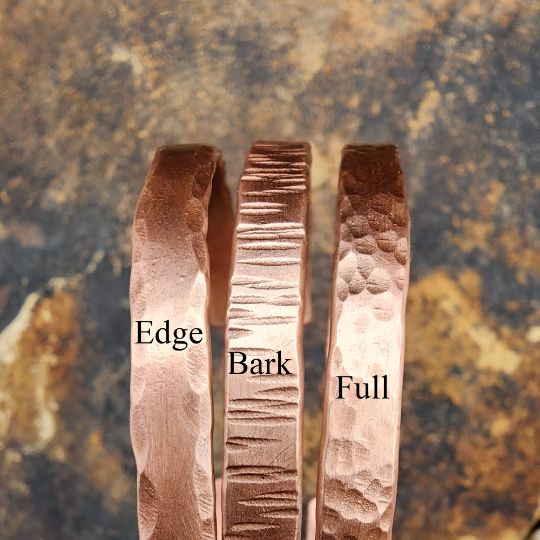 Bayou Glass Arts Copper Cuff Bracelet Copper Cuff: 7 inches long x 1/4 inch wide Choose from 3 styles Ready to ship - Free 1st Class Domestic Shipping - Expedited Shipping Available Gift Wrapping and Messaging Offered Style#2905 Hand Hammered Styles Hand hammered copper cuffs for men or women. Three styles to choose from, hammered edge, hammered bark, or hammered full. Ready to ship cuffs are 1/4" wide by 7" long. If you prefer a different size, happy to oblige to make custom. One week turn arou Hammered Jewelry Diy, Mens Copper Jewelry, Men Copper Bracelet Handmade, Copper Bracelet For Men, Hammered Metal Jewelry, Copper Jewelry Diy, Handmade Copper Bracelet, Silversmithing Jewelry, Hammered Bracelet