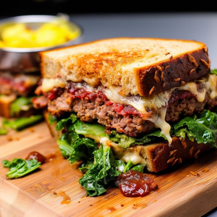 a cut in half sandwich sitting on top of a wooden cutting board