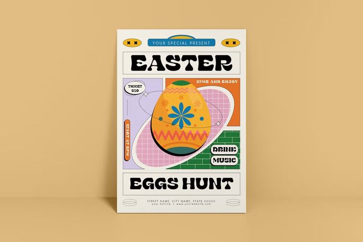 an easter egg hunt poster is displayed on a wall in front of a tan background