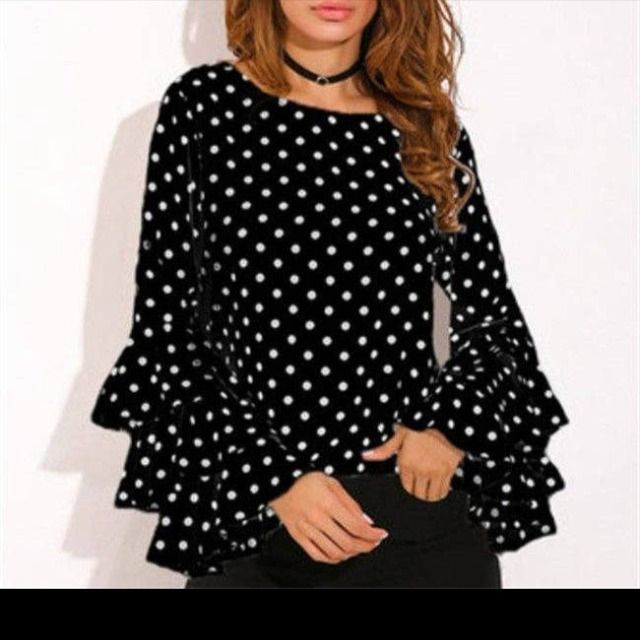 The perfect blend of summer and fall...this top is a must! Ruffle Dress Casual, Chiffon Shirt Blouse, Chiffon Blouses, Polka Dot Shirt, Black And White Tops, Vintage Blouse, Chiffon Long Sleeve, Bell Sleeve Blouse, Polka Dot Blouse