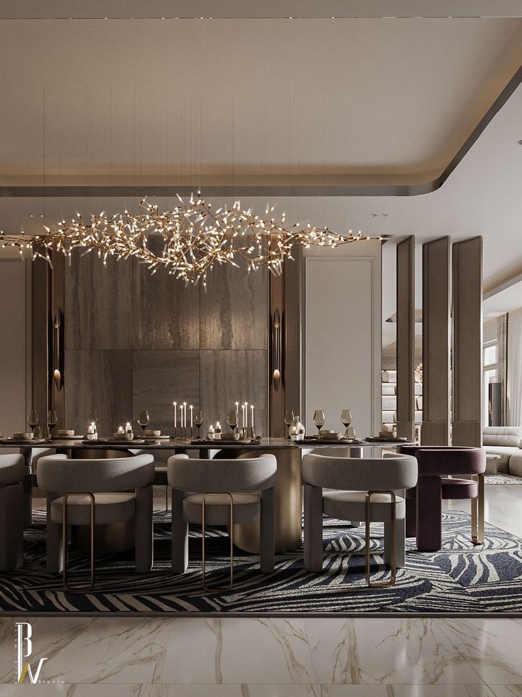 an elegant dining room with large chandelier and marble flooring in the middle