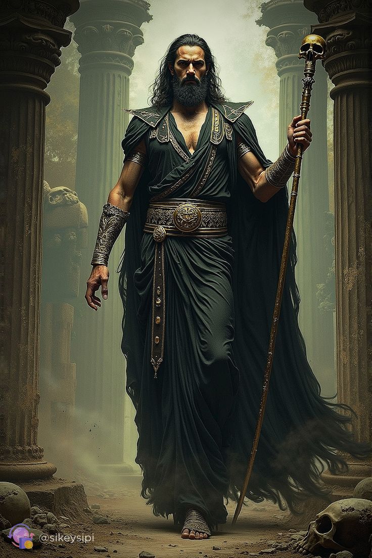 a man with a beard and long black hair holding a staff in front of columns