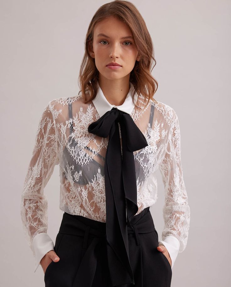 White Floral Lace Shirt With Removable Black Neck Tie: Women's Luxury Shirts | Anne Fontaine White Lace Shirt, White Shirt Blouse, Poplin Top, Top Background, Bow Blouse, Cover Background, Elegant Blouses, Tailored Dress, Lace Shirt