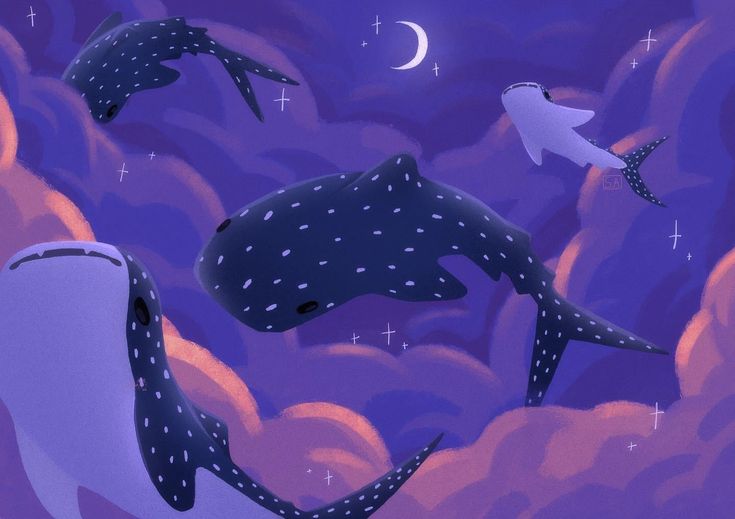 three whale sharks swimming in the ocean at night with stars and crescents above them