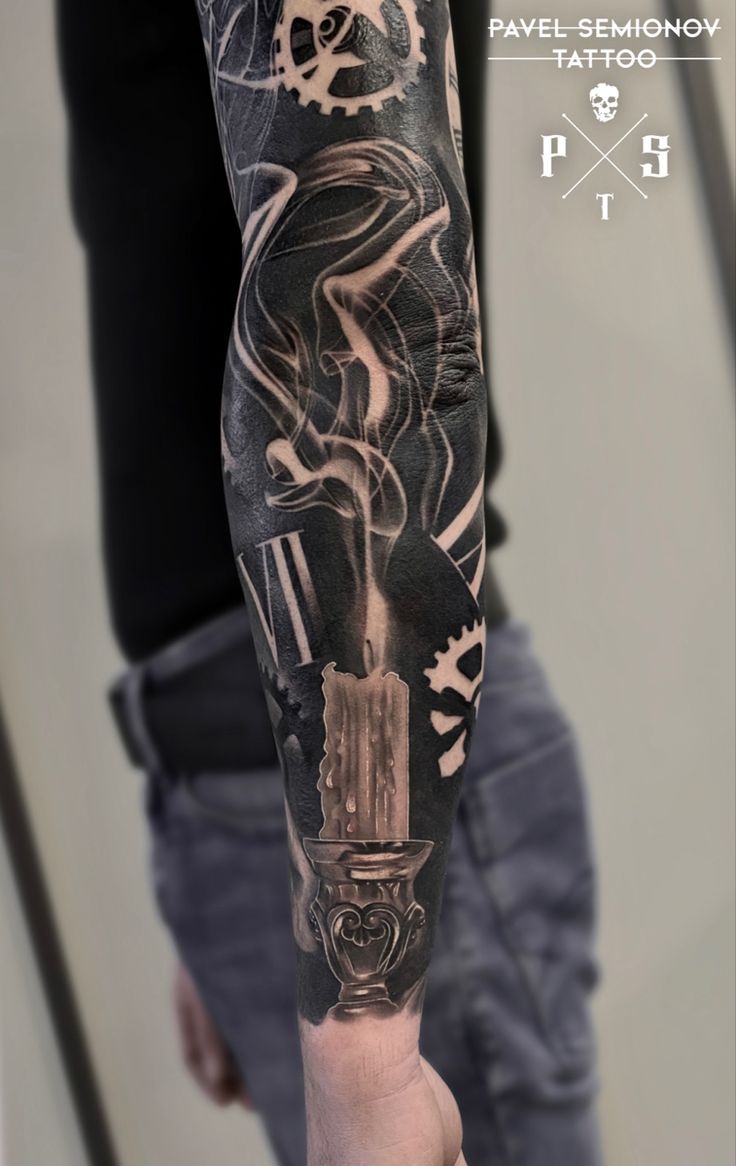 Smoked Out Tattoo Sleeve, Skeleton Holding Candle, Candle Forearm Tattoo, Realism Candle Tattoo, Realistic Candle Tattoo, Candle Throat Tattoo, Smokey Sleeve Tattoo, Flames Sleeve Tattoo, Smokey Candle Tattoo