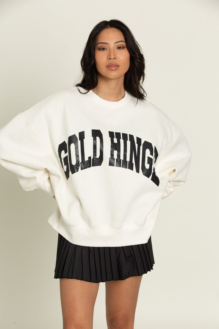 Our Ivory GH Wide Arm Sweatshirt will be your go to during sweatshirt season. The trendy, wide arm fit is cut to perfection from soft, premium fabric. It features arched lettering and a cozy fleece inside lining and will take you effortlessly from lounging around to your late night plans. Gold Hinge Sweatshirt, Christmas 2024, Style Gift, Oversized Sweatshirt, Dress Romper, Premium Fabric, Late Night, Male Models, Sweater Hoodie