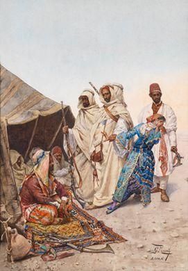 two men and one woman are sitting on the ground in front of a small tent