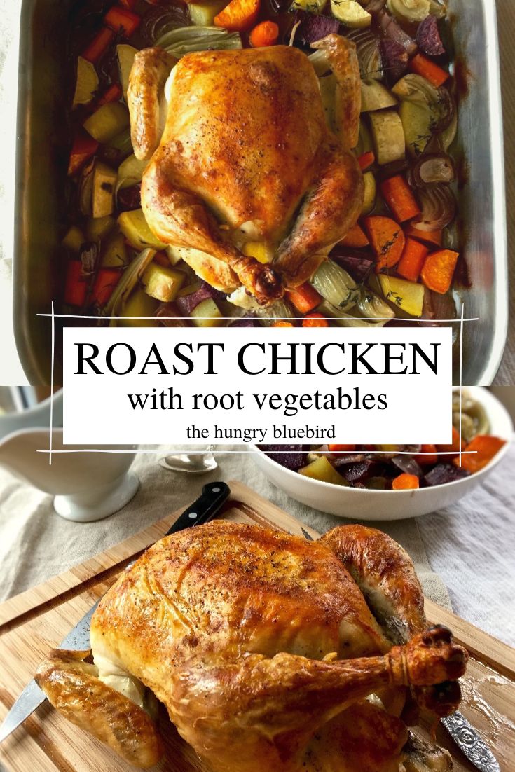 roast chicken with root vegetables on a cutting board