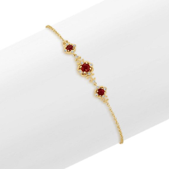 Vintage Ruby and Diamond Bracelet (7.5 in) Elegant Red Chain Bracelet With Jubilee Design, Yellow Gold Ruby Diamond Jubilee Bracelet, Elegant Red Jubilee Chain Bracelet, Elegant Red Bracelet With Birthstone, Elegant Diamond Bracelet With Birthstone For Formal Occasions, Elegant Diamond Birthstone Bracelet For Formal Occasions, Elegant Red Birthstone Bracelet, Red Round Bracelets With Diamond Accents, Red Bracelets With Diamond Accents