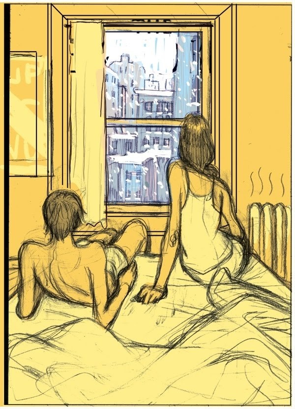 two people sitting on a bed looking out the window