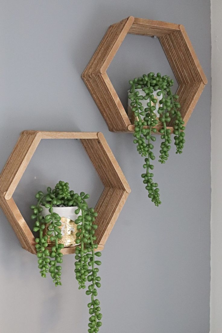 two wooden hexagonal shelves with plants on them hanging from the wall, one holding a candle