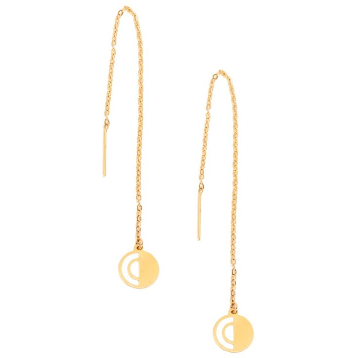 These Circle threader gold earrings are perfect When the occasion calls for a grand entrance. Sarvin dangle earring are made with 18K gold. Persian inspired pull through earrings are handcrafted in circle detailing. These small round shape dangle earrings offer you the opportunity to wear them in a few different ways for different moods. Minimalist and delicate thread through earrings length can be adjusted depending on how far the chain is pulled through the ear. These drop earrings are availab Yellow Gold Round Linear Earrings With Ear Wire, Luxury 14k Gold Round Linear Earrings, 14k Yellow Gold Circle Earrings, Gold Round Threader Earrings, Gold Single Threader Earring, Yellow Gold-plated Threader Earrings, Yellow Gold 14k Drop Threader Earrings, 14k Gold Earrings With Adjustable Chain, 14k Gold Round Linear Earrings