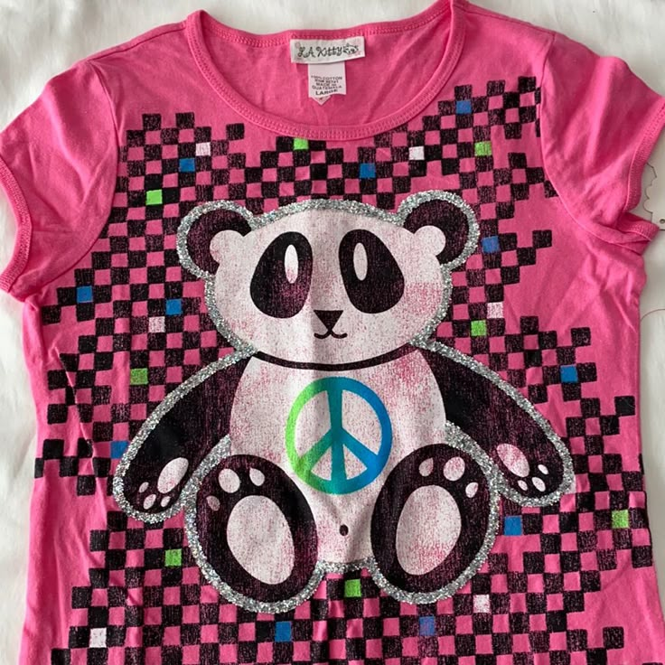 Nwt La Kitty Pink Tee Cap Sleeve With A Peace And Panda And Glitter Size Large Scene Shirts, Decora Accessories, Cutecore Clothes, Scene Clothes, Emo Shirts, Scene Queen, Digital Wardrobe, Cap Sleeve Tee, Scene Queens