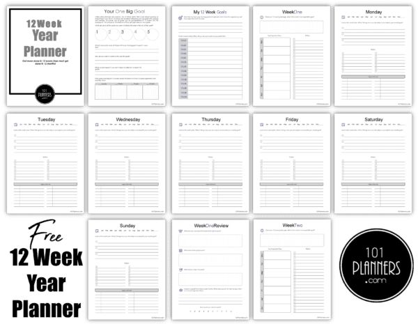 the 12 week planner is shown in black and white