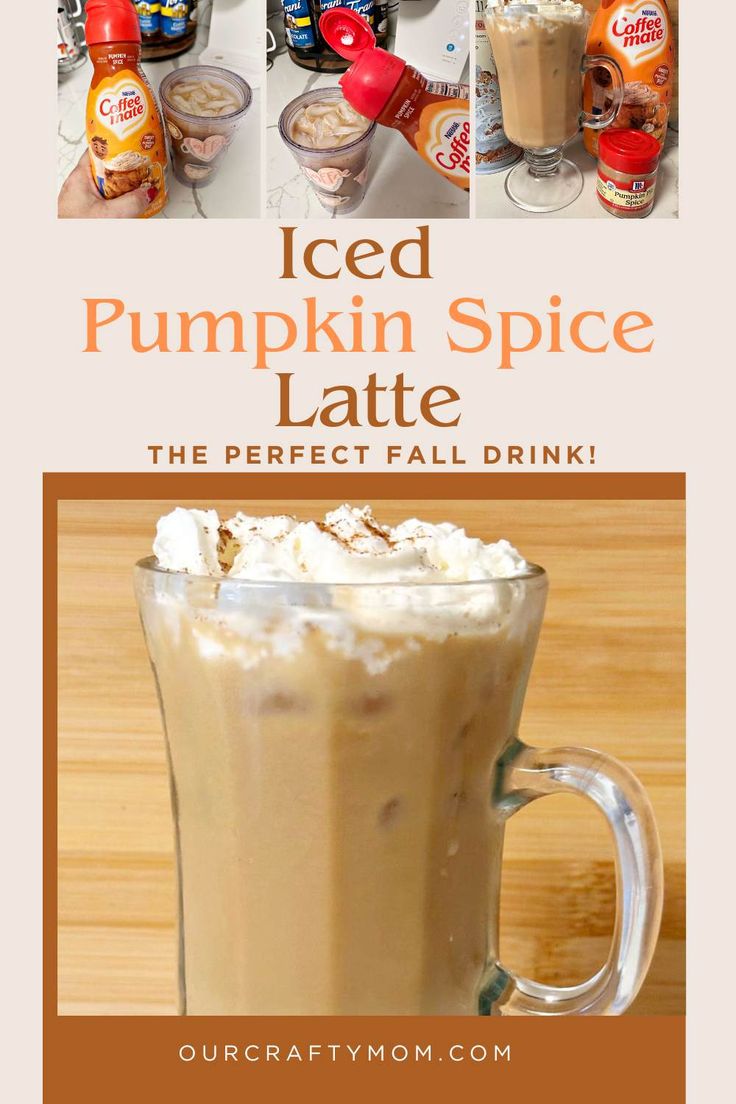 iced pumpkin spice latte in a tall glass with whipped cream on top and the recipe below