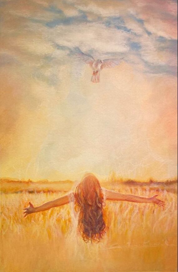 a painting of a woman standing in a field with her arms spread out to the sky