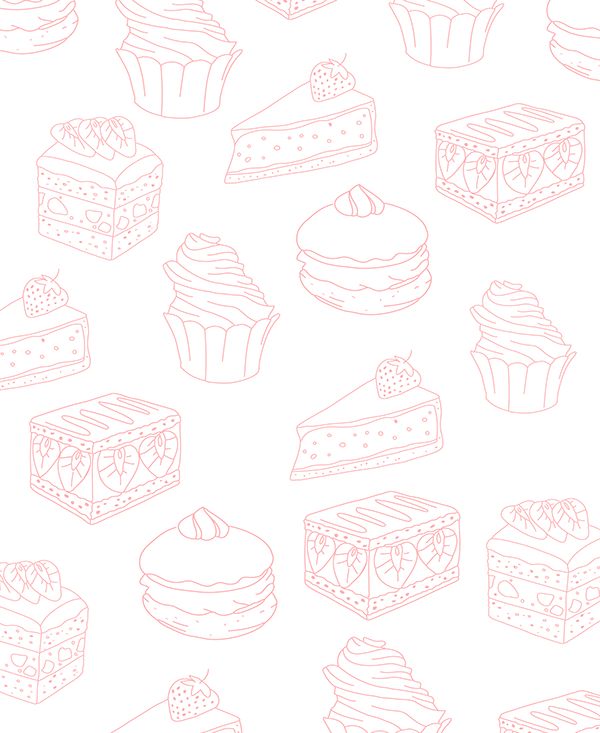 a bunch of different types of cakes on a white background with pink outlines in the middle