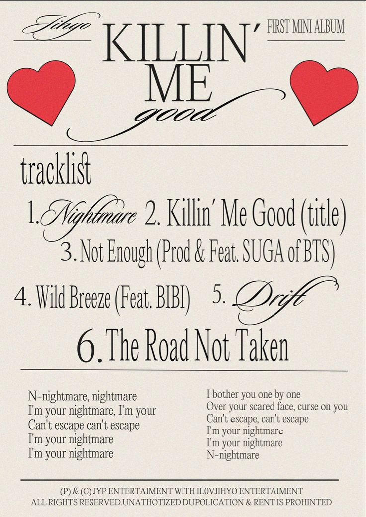 the flyer for killin me, which features two red hearts and one black heart