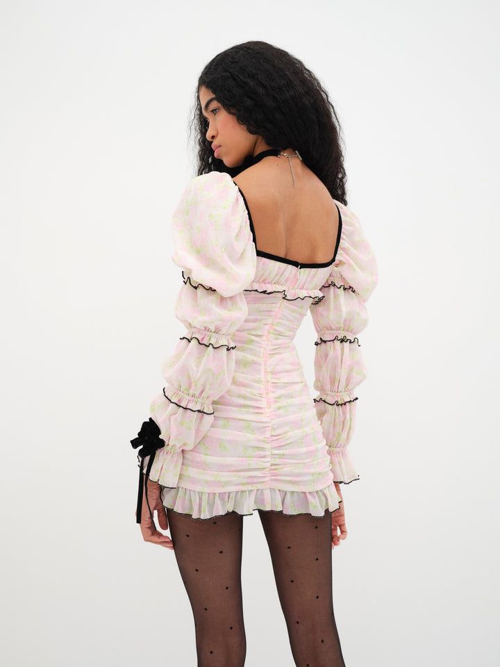 Vienna Mini Dress | For Love & Lemons Long Sleeve Ruffled Corset Dress For Summer, Chic Pink Mini Corset Dress, Pink Mini-length Chic Corset Dress, Pink Chic Mini Corset Dress, Mini Dresses With Ruffles, Chic Ruffled Mini Corset Dress, Chic Mini Corset Dress With Ruffles, Mini Corset Dress With Ruffles For Date Night, Ruffled Mini-length Corset Dress For Date Night