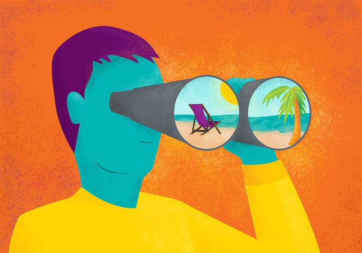 a man looking through binoculars at the beach with palm trees and chairs on it's sides