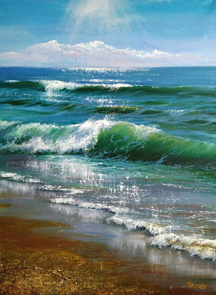 an oil painting of waves crashing on the beach