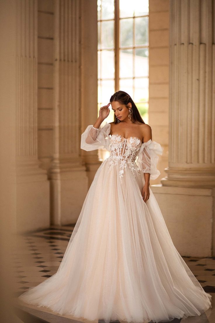 Nude Wedding Dress with Tulle Sleeves and 3D Appliqués - Plus Size - WonderlandByLilian Wedding Dress With Tulle Sleeves, Dress With Tulle Sleeves, Nude Wedding Dress, Wedding Dress With Tulle, Nude Wedding, Nontraditional Wedding Dress, Champagne Evening Dress, Fairy Wedding Dress, Dress With Tulle