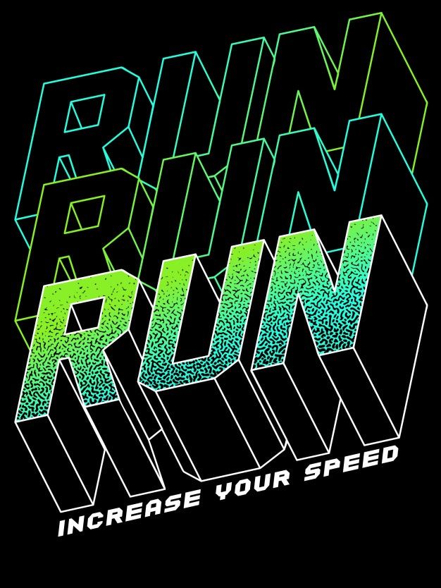 an image of the words run on a black t - shirt with green and blue lettering