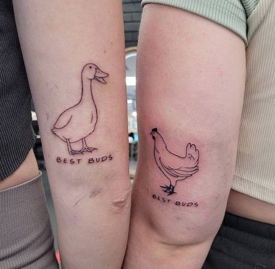 two people with tattoos on their arms that say best buds and the same one has a duck