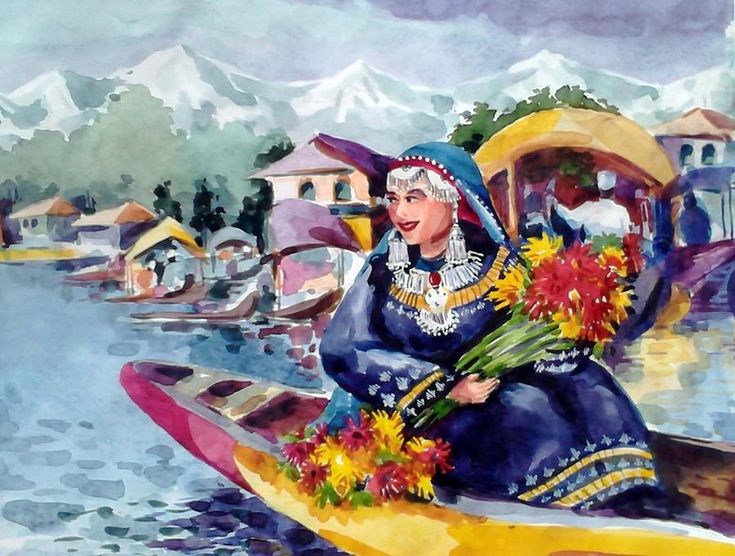 a watercolor painting of a woman in a boat with flowers