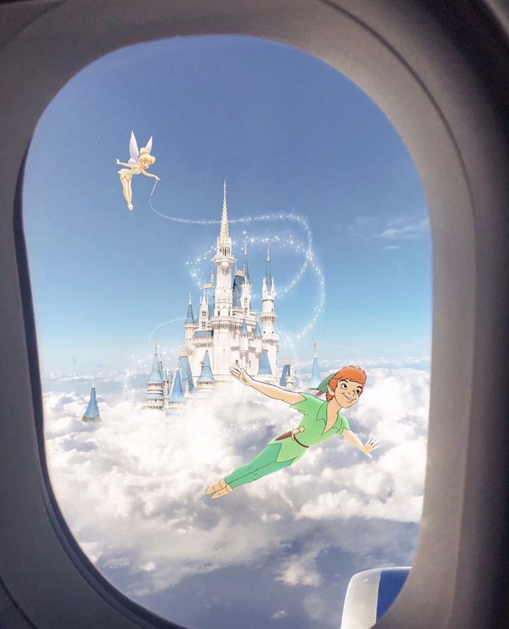 the tinkerbell fairy is flying through the air above the clouds and castle in the background