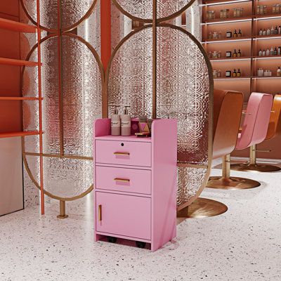 a pink cabinet sitting in the middle of a room next to shelves with bottles on them