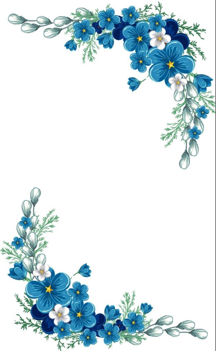 blue flowers and leaves are arranged in the shape of a rectangle on a white background