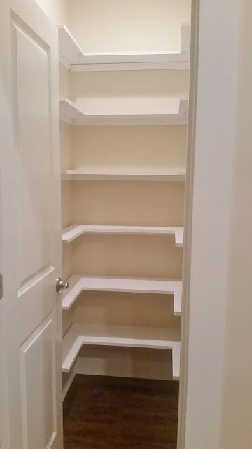 an empty walk in closet next to a door with the bottom half open and shelves on both sides