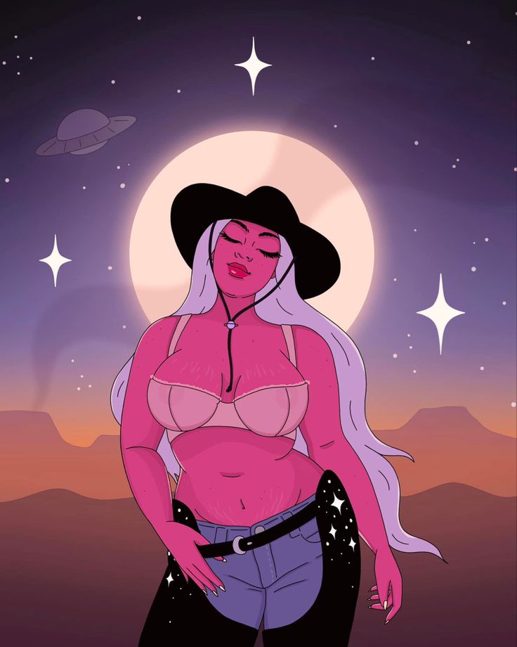 a woman in a pink top and black hat standing under the moon with her hands on her hips