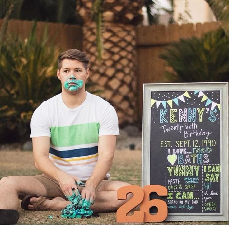 a man sitting in front of a chalkboard with decorations on it and the number 26