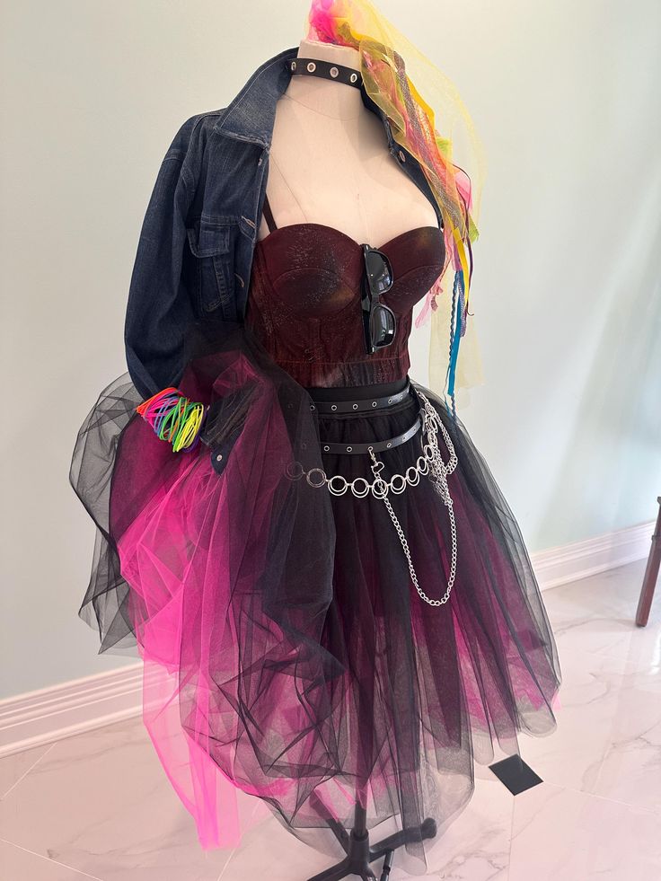 Custom Cindy lauper 80's icon costume. Fluffy tulle skirt, painted bustier, belt, gloves and hai accessories. Can be made in and color or style you choose. Punk Corset For Halloween Costume Party, Punk Style Corset Dress For Halloween Party, Punk Party Corset, Edgy Halloween Corset For Costume Party, Edgy Halloween Costume Party Corset, Fitted Corset For Party And Cosplay Events, Black Overbust Costume For Party, Edgy Overbust Corset For Costume Party, Black Overbust Party Costume