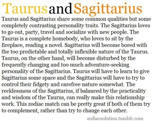 the text is written in an orange and black font, which reads taurus and sagittarius