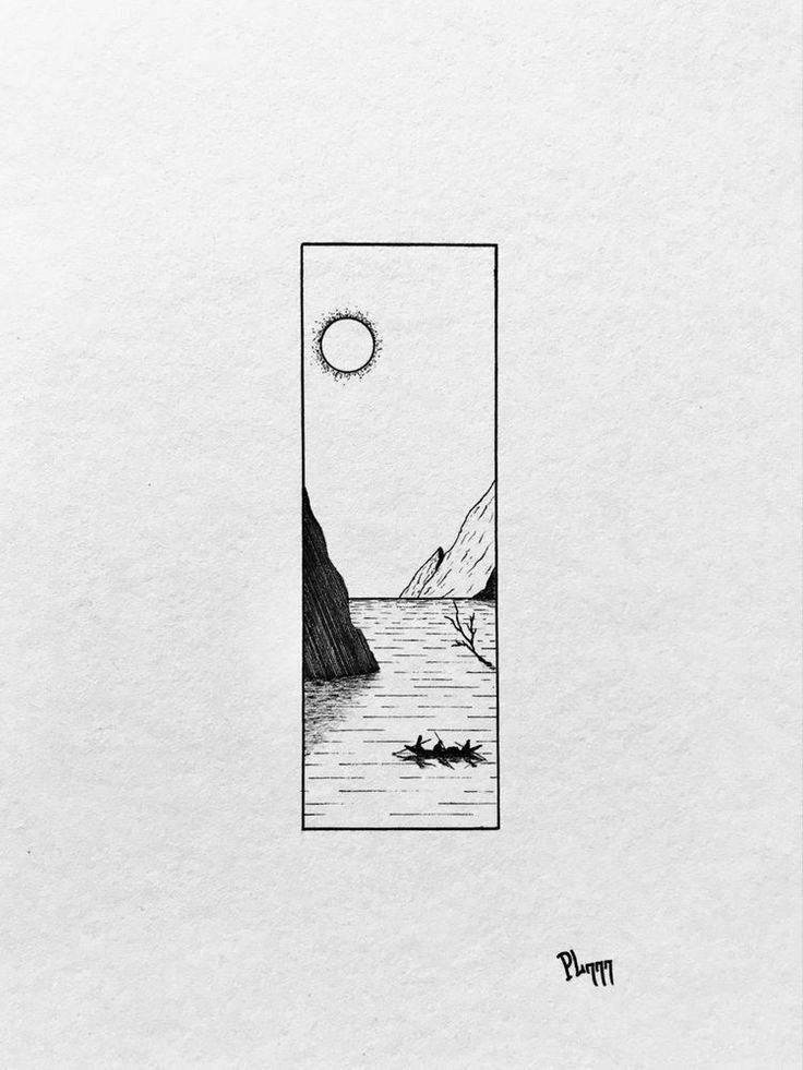 a drawing of a person in a boat on the water with mountains and a sun above them