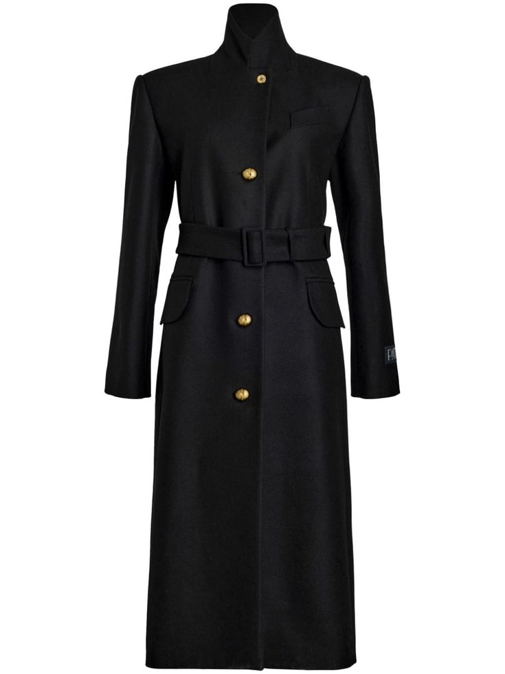 black wool high neck long sleeves front button fastening belted waist two side flap pockets straight hem Classic Black Belted Wool Coat, Formal Long Wool Coat With Belted Cuffs, Luxury Belted Wool Coat, Black Belted Wool Coat, Luxury Long Wool Coat For Work, Black Wool Coat With Belted Cuffs, Luxury Black Wool Coat With Button Closure, Designer Black Outerwear With Belted Cuffs, Black Designer Outerwear With Belted Cuffs