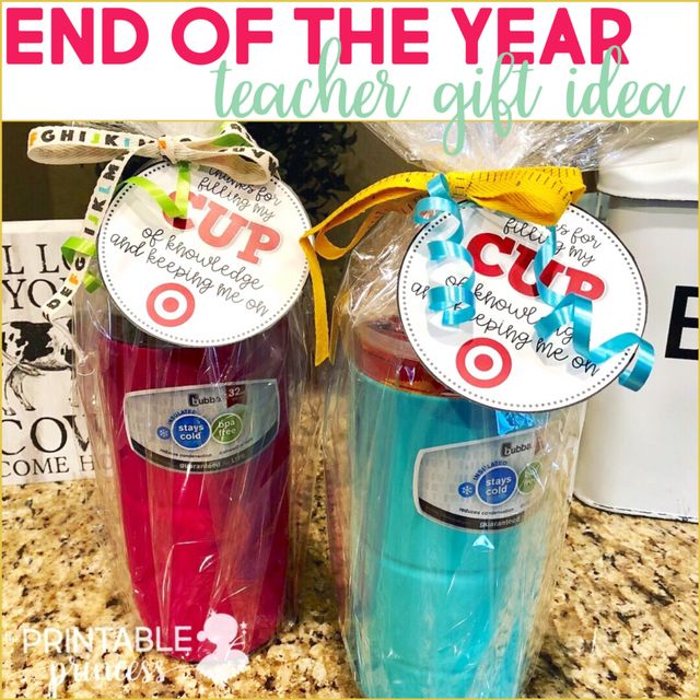 two plastic cups sitting on top of a counter with the words end of the year teacher gift idea