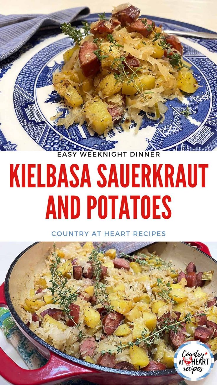 kielbasa sauerkraut and potatoes in a red skillet with text overlay