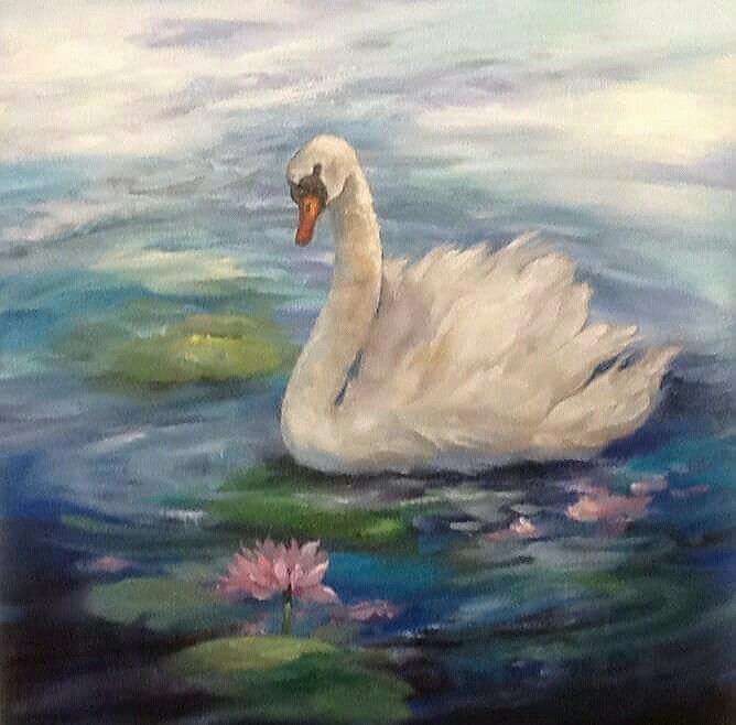 a painting of a white swan floating on top of water