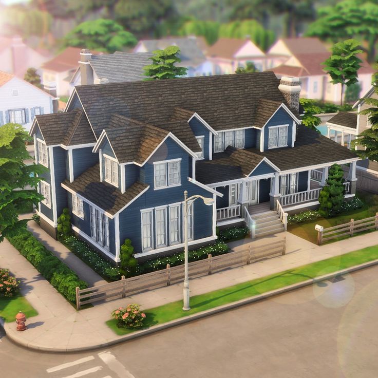 A suburban home built in the video game The Sims 4. This house is dark blue with white trims and a black roof. It has many big windows. It's surrounded by a wooden fence and lots of green bushes and flowers. This The Sims 4 house uses no custom content. Blue Suburban House Sims 4, Blue Suburban House, Sims 3 Apartment, Sims Family, Pack List, Suburban Home, Suburban House, Laundry Day, Sims 4 Build