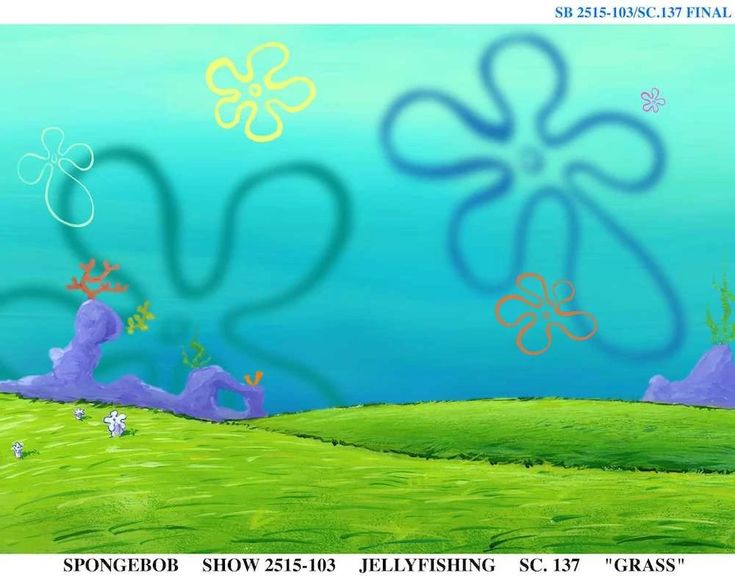 an artistic painting of flowers and grass on a blue sky background with the words spongebob show