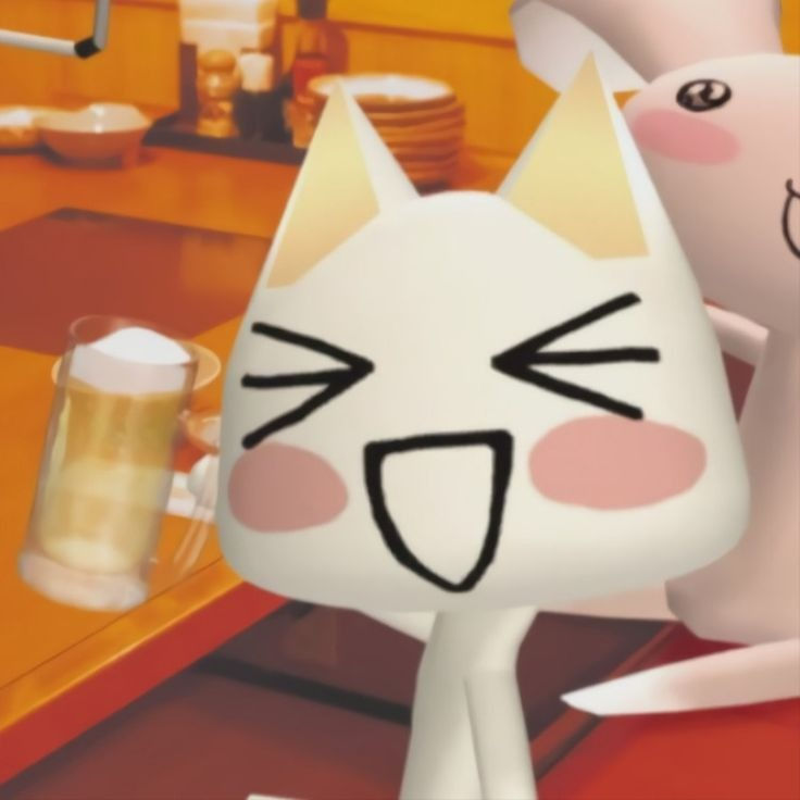 an animated cat standing in front of a counter next to a glass filled with beer