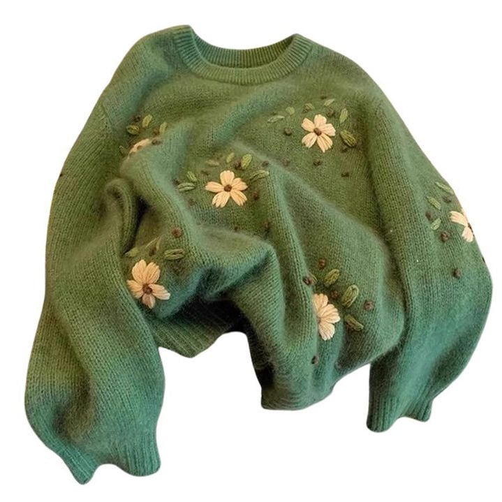 Cottagecore Floral Embroidery Green Sweater - Boogzel Clothing Cute Sweater 2022, Cheap Sweater For Women, Cheap 90s Style Sweater For Spring, Cozy Sweater With Buttons At Cheap Price, Cute Walmart Sweater, Cute Affordable Oversized Sweater, Cheap Vintage Sweater With Relaxed Fit, Cheap Vintage Women's Sweater, Womens Daisy Sweater