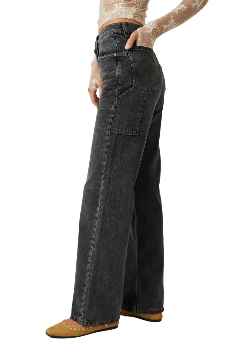 Sweeping wide legs and a retro high waist lend vintage drama to these nonstretch jeans fixed with utility-inspired detailing. 31" inseam, 22" leg opening, 12" front rise, 15" back rise (size 29) 100% cotton Machine wash, line dry Imported Blow Out, Wide Legs, High Rise Jeans, High Waist, Wide Leg, Free People, High Rise, Drama, Nordstrom