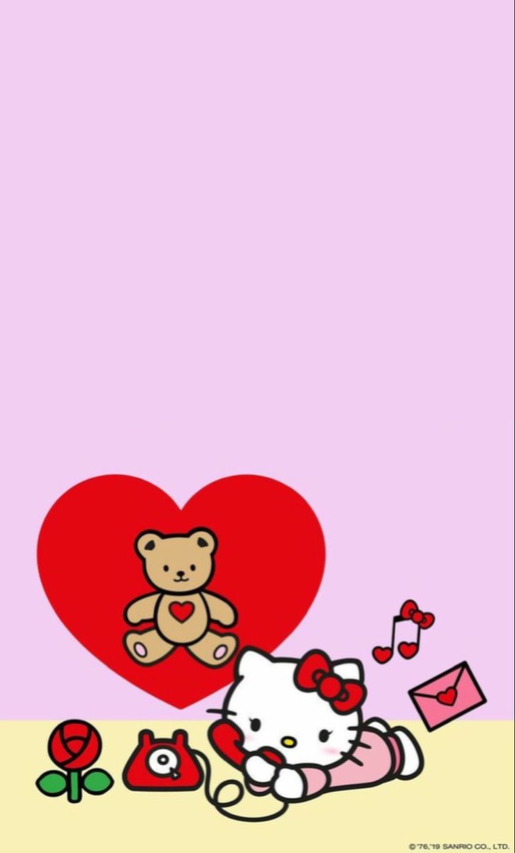 a hello kitty wallpaper with a heart and teddy bear sitting on the ground next to it